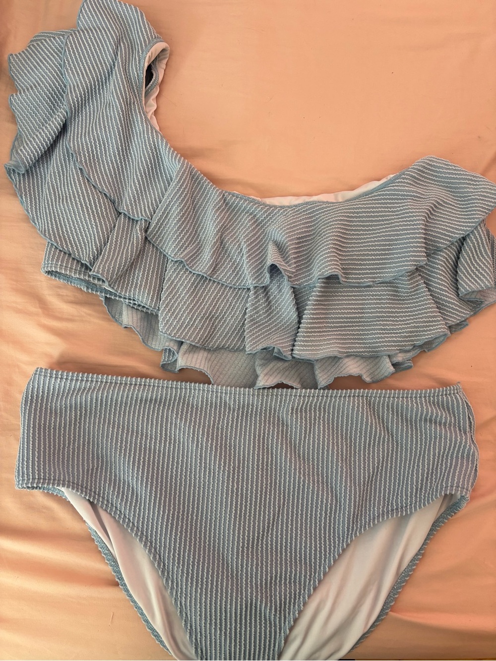 Ruffled One-Shoulder Bikini Set in Light Blue Stripes
